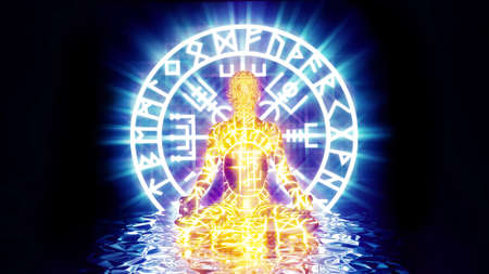 3D illustration a shaman in the Lotus position in the center of a ritual compassの写真素材