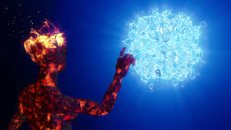 3D illustration touch of a burning person to the glowing waterの写真素材