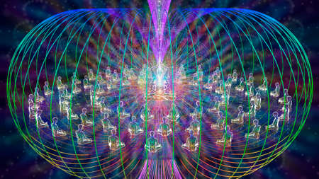 3D illustration. energy ritual of a meditative group of people.の写真素材