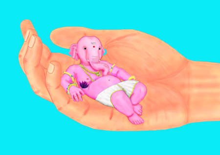 Ganesha the God of good luck in Hinduism rests on the palm of your handの写真素材