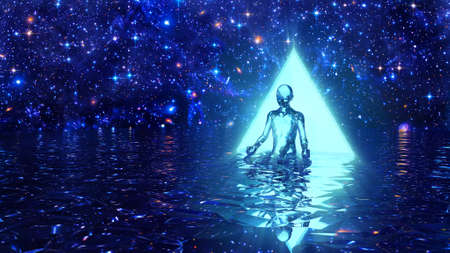 3D illustration a yogi meditates near the portal of dimensionsの写真素材