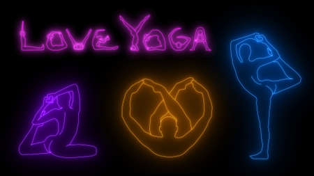 glowing silhouettes of people doing yogaの写真素材