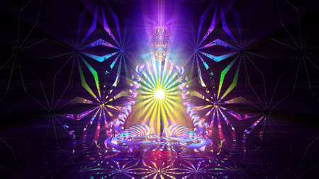 3D illustration of the energy of a meditating person reflected in esoteric mirrorsの写真素材