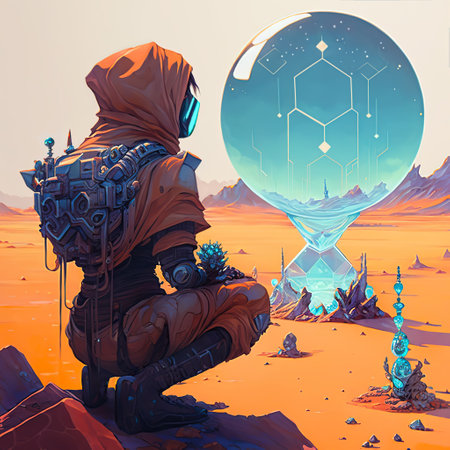 illustration of a cyborg against the background of alien technologies of the futureの写真素材