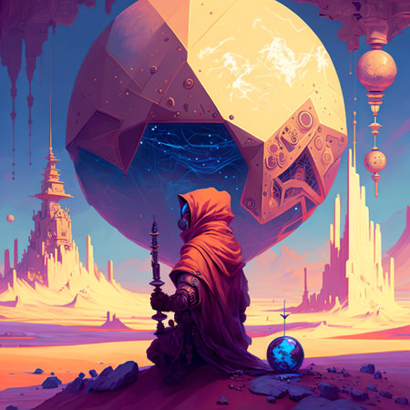 illustration of a cyborg against the background of alien technologies of the futureの写真素材