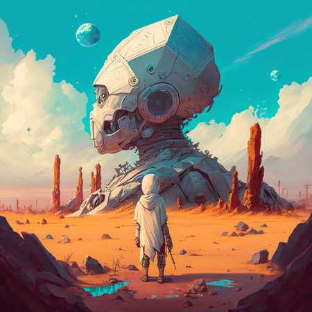 illustration of a cyborg against the background of alien technologies of the futureの写真素材