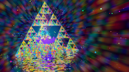Sacred geometry. Triangles in the form of a pyramid with a man meditating.の写真素材