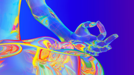 3D Illustration of a Human Skeleton Hand with Colorful Backgroundの写真素材