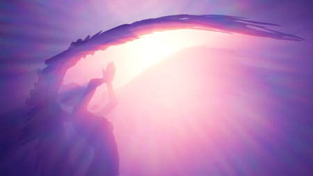 Silhouette of a woman with wings in the sky. 3d renderingの写真素材