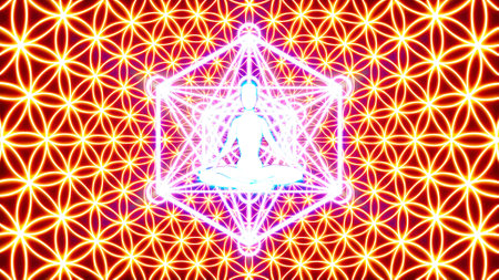 Yoga in lotus position on sacred geometry background. Vector illustration.の写真素材