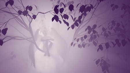 Silhouette of a bride and groom in a foggy forestの写真素材