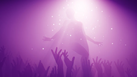 Silhouette of a woman dancing at a party in purple backgroundの写真素材