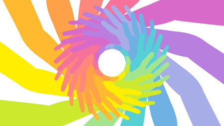 Illustration of colorful hands forming a circle on a white background.の写真素材