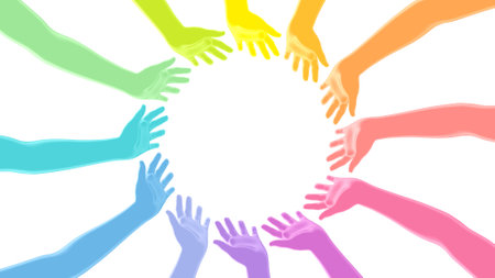Teamwork concept with multiethnic hands in circle on white backgroundの写真素材