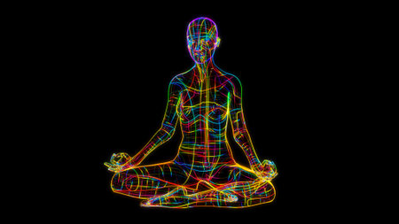 3d rendering of a neon wireframe woman practicing yoga isolated on black backgroundの写真素材