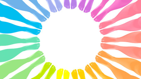 Circle of multicolored hands on white background. Vector illustration.の写真素材