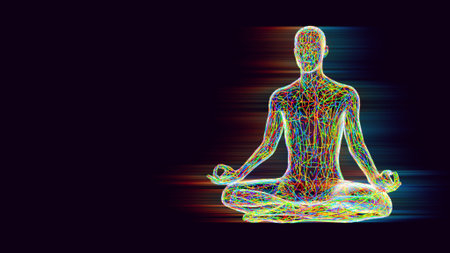 3d man meditating in lotus position on a black backgroundの写真素材