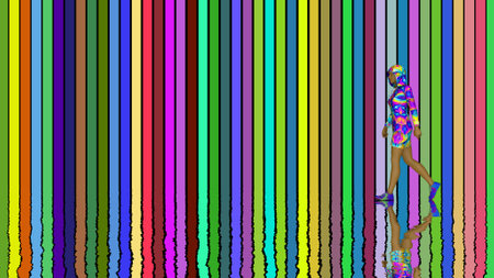 Illustration of a girl on a background of stripes of different colorsの写真素材