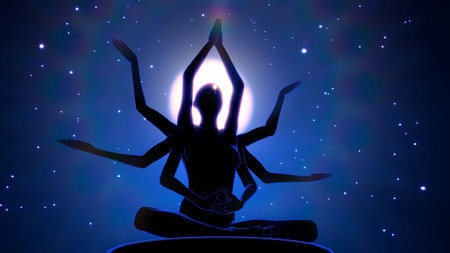 Illustration of a woman in yoga pose on a starry backgroundの写真素材