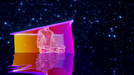 Human figure sitting in a cube in space. 3D illustration.の写真素材