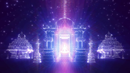 Illustration of Hindu Temple in the Universe with Glowing Light on the Backgroundの写真素材