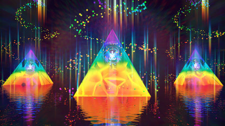 abstract scene with colorful lights and reflection in water, 3d illustrationの写真素材