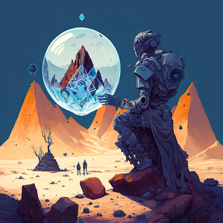 illustration of a cyborg against the background of alien technologies of the futureの写真素材