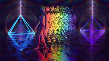 3d rendering of a woman in front of a holographic background
