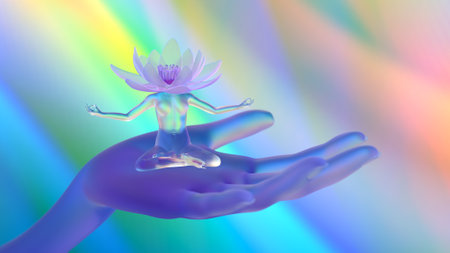 Lotus flower in human hand. 3D illustration. Conceptual image.