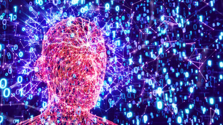 3D rendering of a human head with binary code on the backgroundの写真素材