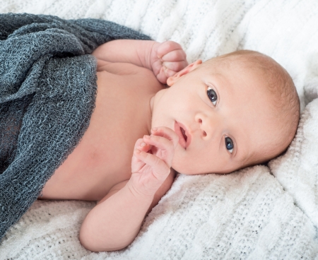 Beautiful wide awake baby lying on a white knit blanket with a soft knit grey blanketの写真素材