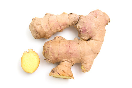 Ginger seen up close on white background from above