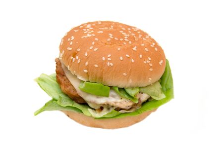 Hamburger with cheese and lettuce on white backgroundの写真素材