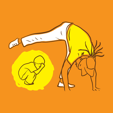 Capoeira with kid. Baby and adult master play capoeira. Old man do kickのイラスト素材
