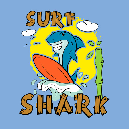 Shark surfer. Print for T-shirt. Surfboard child's drawing. The cheerful cartoon shark.のイラスト素材