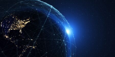 Earth from space at night with a digital communication system. Some elements of the image provided by NASA. 3D Renderの写真素材