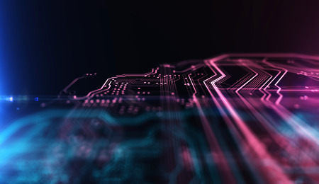 Technology background red and blue color, circuit board and code. 3d Illustration