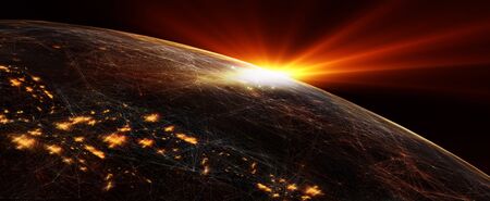 Connection lines Around Earth Globe, Futuristic Technology  Theme Background with Light Effect, 3D illustrationの写真素材