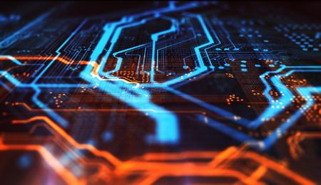 Orange and blue technology background circuit board and code. 3d Illustrationの写真素材