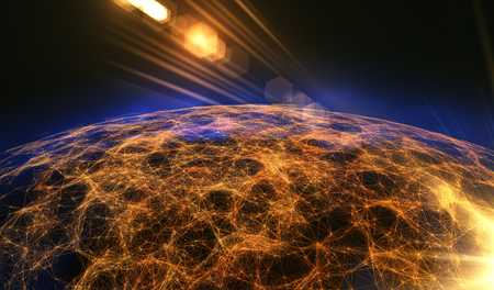Connection lines Around Earth Globe, Futuristic Technology  Theme Background with Light Effect. 3D illustrationの写真素材