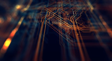 Circuit board futuristic server code processing. Orange,  green, blue technology background with...