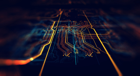 Circuit board futuristic server code processing. Orange,  green, blue technology background with bokeh. 3d Illustrationの写真素材