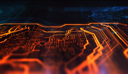 Orange and blue technology background circuit board and code. 3d Illustration