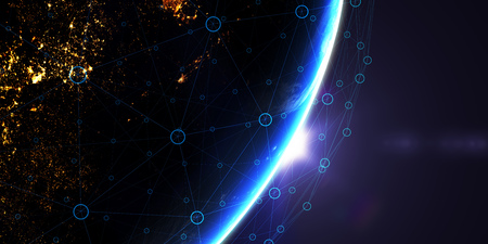 3D Render. Earth from space at night with digital communication system.
