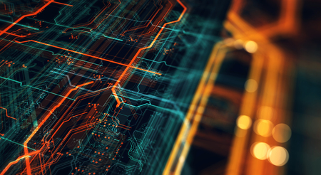 Circuit board and flares. Depth of field effect and bokeh. 3d rendering
