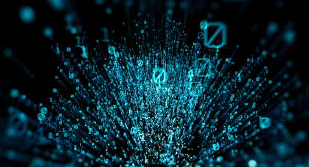 3D illustration. Computer binary code dark green blur bokeh, backdrop, background numbers depth of fieldの写真素材