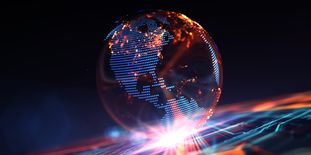 The holographic virtual model  the planet Earth, on a abstract technological background made of different element printed circuit board. Depth of field effect. 3D illustrationの写真素材