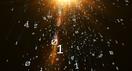 Colored bytes of binary code flying through a vortex, background code depth of field. 3D illustrationの写真素材