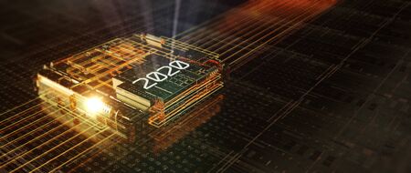 Abstraction illustration binary code strings are processed by the computer's motherboard. Background...