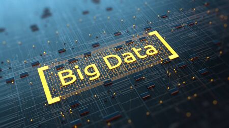 Abstract image of big data, data processing processes in the server motherboard.. Orange,  green,...